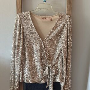 Elegant Sequin V-Neck Blouse with Tie Front